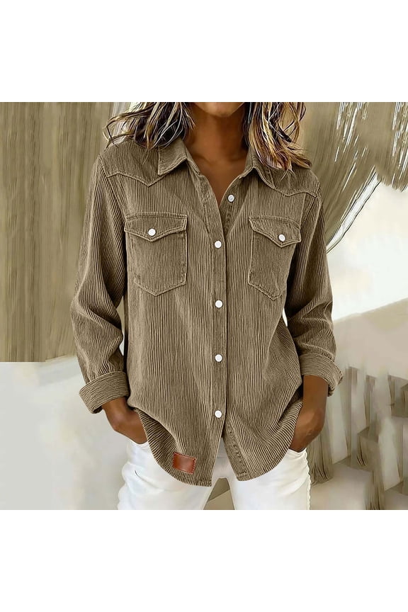 Womens Khaki Corduroy Western Shirt, Relaxed Fit Long Sleeve Button-Up Top with Snap-Flap Pockets,Size S