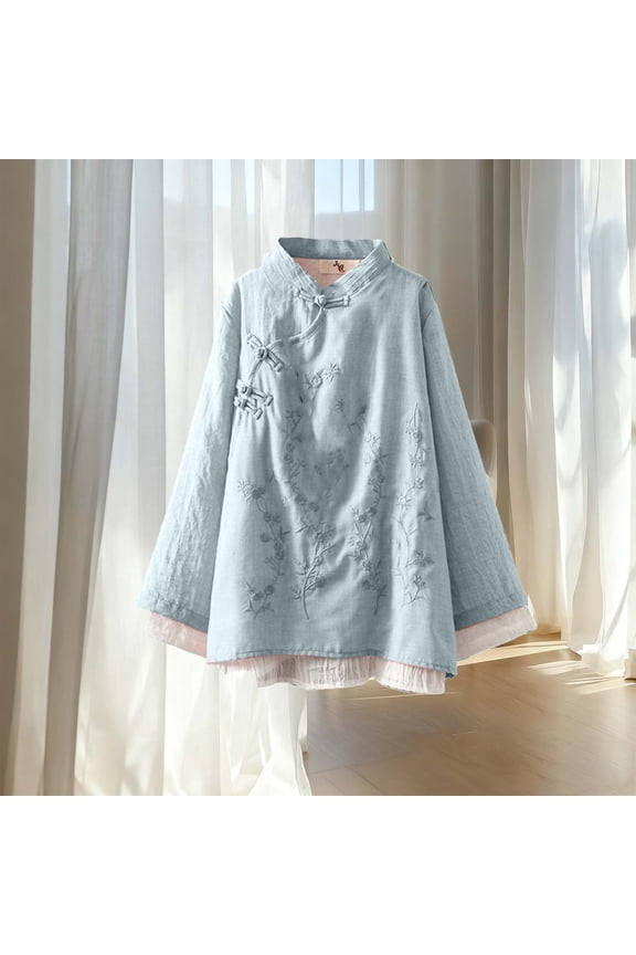 Womens Light Blue Oversized Knit Top, Long Sleeve Flowy Boho Blouse with Mandarin Collar & Floral Embroidery, Plus Size Cottagecore Top to 4XL,Size 4XL