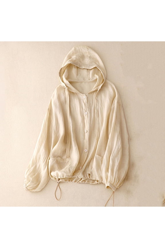 Womens Lightweight Hooded Jacket Snap Button Front Spring Casual Windbreaker with Pockets Beige,Size M