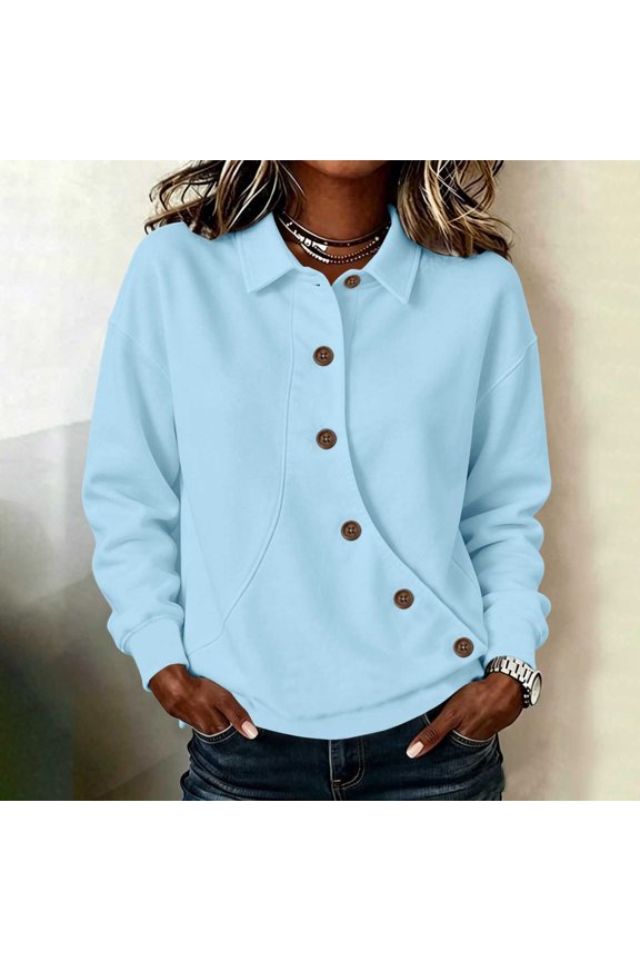 Womens Long Sleeve Oversized Henley Sweatshirt - Button Front, Light Blue,Size S