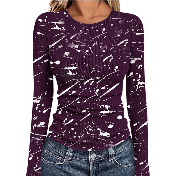 Bwndum Womens Long Sleeve Ribbed Top, Army Green Slim Fit Crew Neck Stretchy Comfortable Tie-Dye Splatter Print,Size 2XL