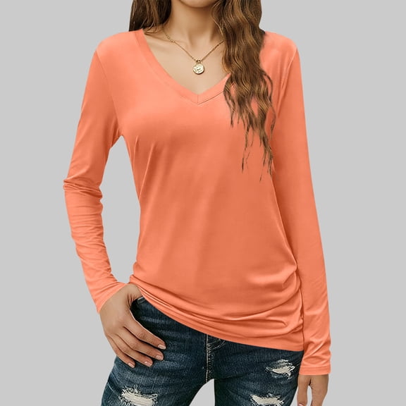 Bwndum Womens Long Sleeve Shirt Orange - Relaxed Fit V-Neck Top, Soft Stretchy Polyester Spandex Tee with Drape Hem, Casual Everyday Basic Blouse,Size M