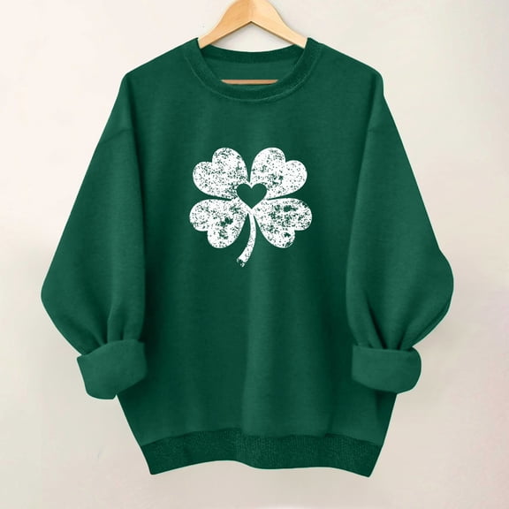 Bwndum Womens Lucky Four-Leaf Clover Sweatshirt, Green Distressed Graphic Pullover, 100% Polyester Soft Crew Neck Long Sleeve, St. Patrick's Day Casual Wear (S-XXL),Size XL