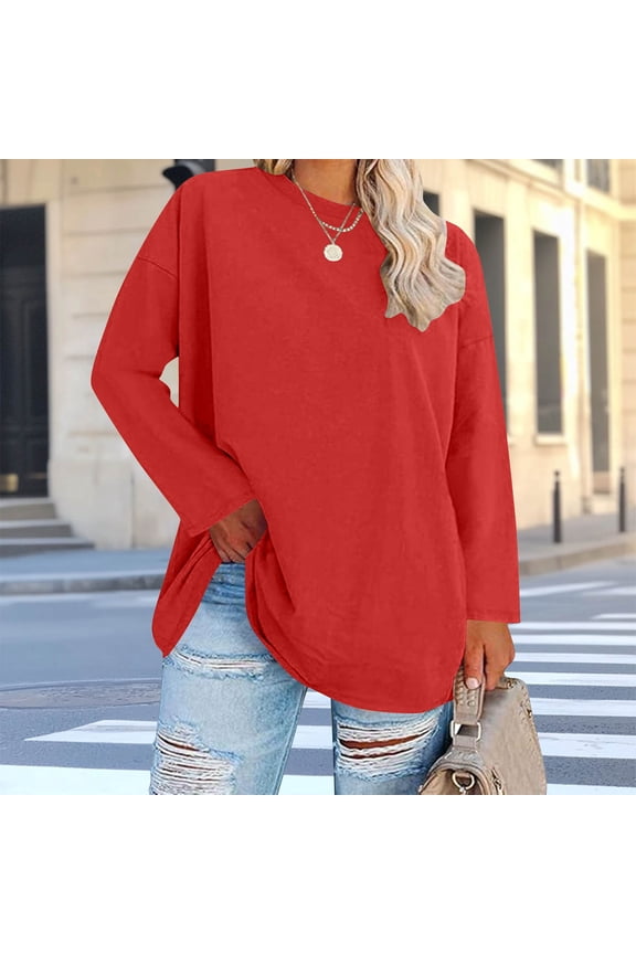 Womens Plus Size Long Sleeve Shirt, Oversized Soft Tunic Top, Loose Fit Casual Blouse in Red, Polyester Spandex with Side Slits,Size 4XL