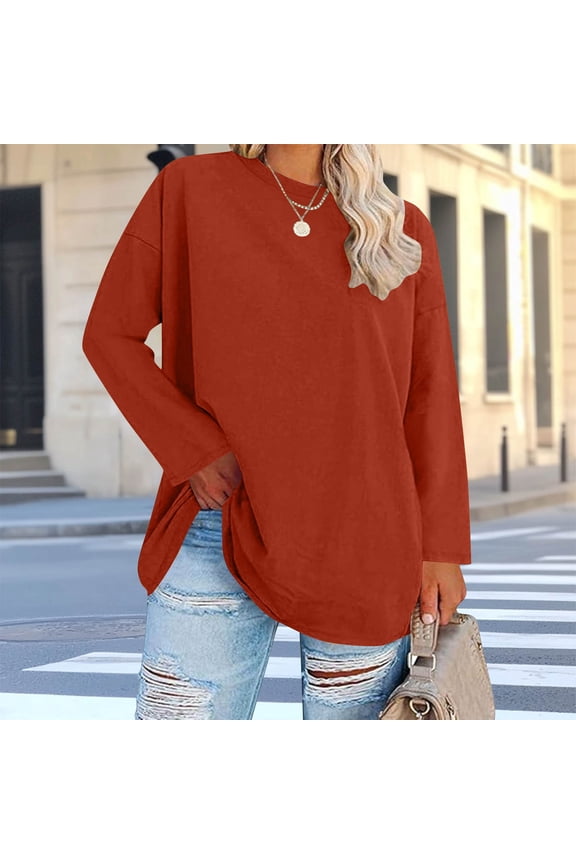 Womens Plus Size Long Sleeve Shirt, Oversized Soft Tunic Top in Watermelon Red, Loose Fit Casual Blouse with Side Slits, Polyester Spandex,Size 4XL