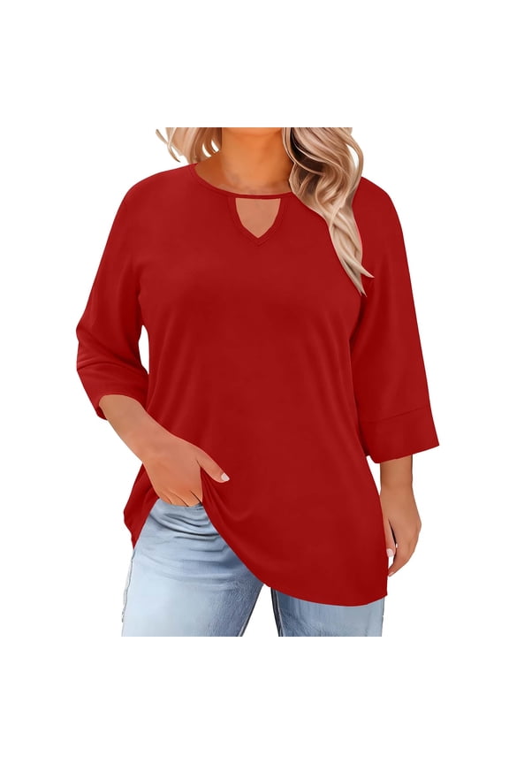 Womens Plus Size Top - 3/4 Sleeve Keyhole Neck Soft Casual Summer Shirt, Machine Washable Casual Blouse for Daily Wear,Red Size 2XL