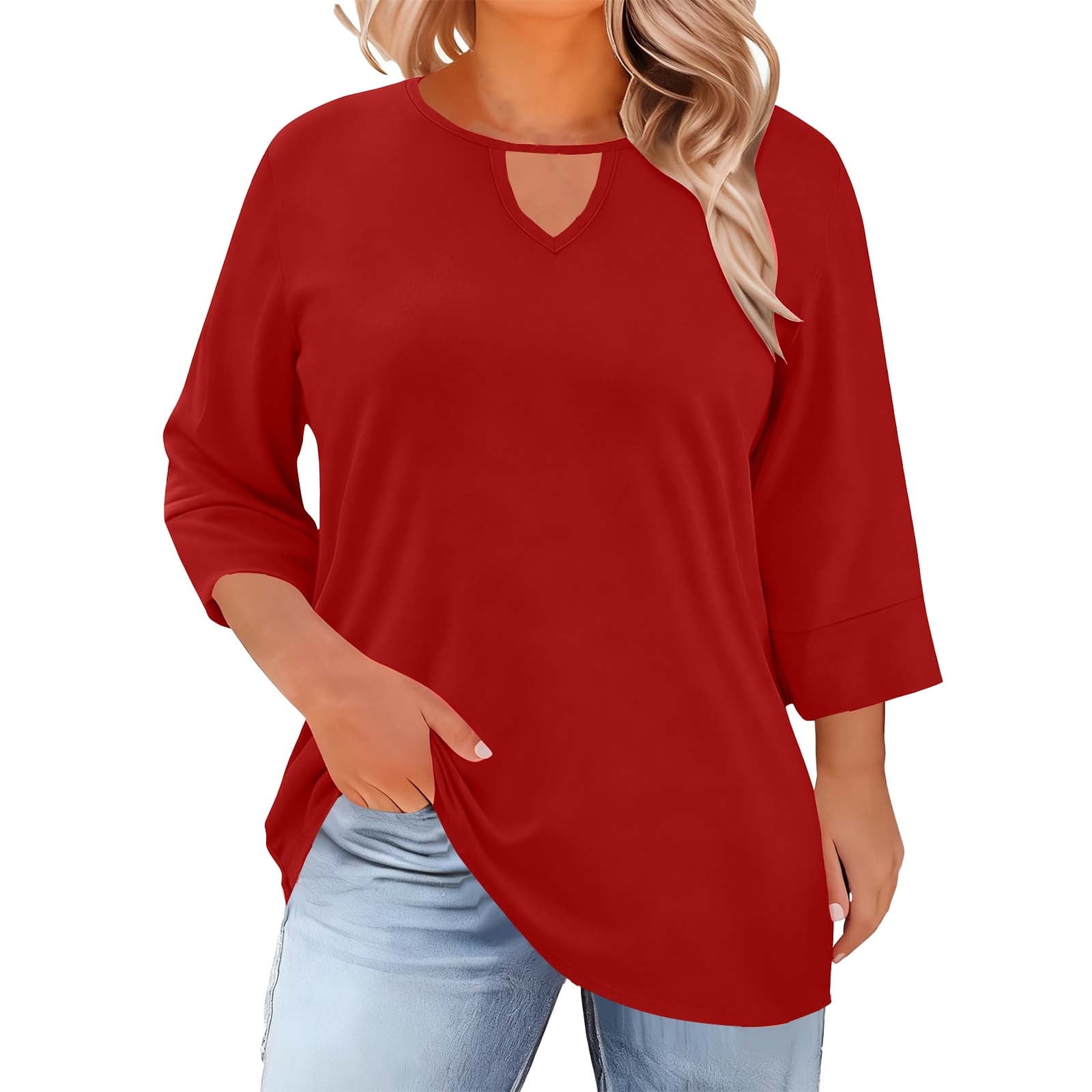Bwndum Womens Plus Size Tunic Top - Red 3/4 Sleeve Keyhole Neck 