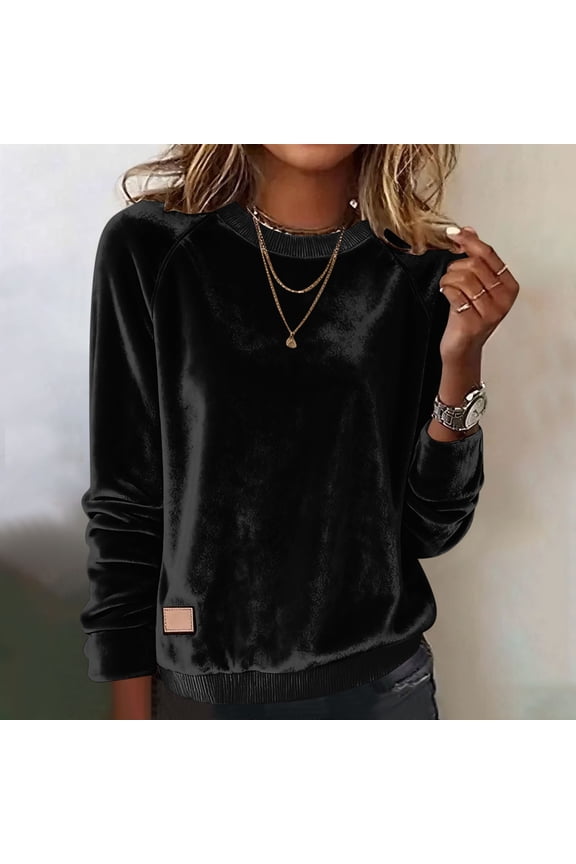 Womens Raglan Sleeve Velvet Crewneck Top, Soft 100% Polyester, Black - Relaxed Fit for Casual & Semi-Casual Wear,Size L