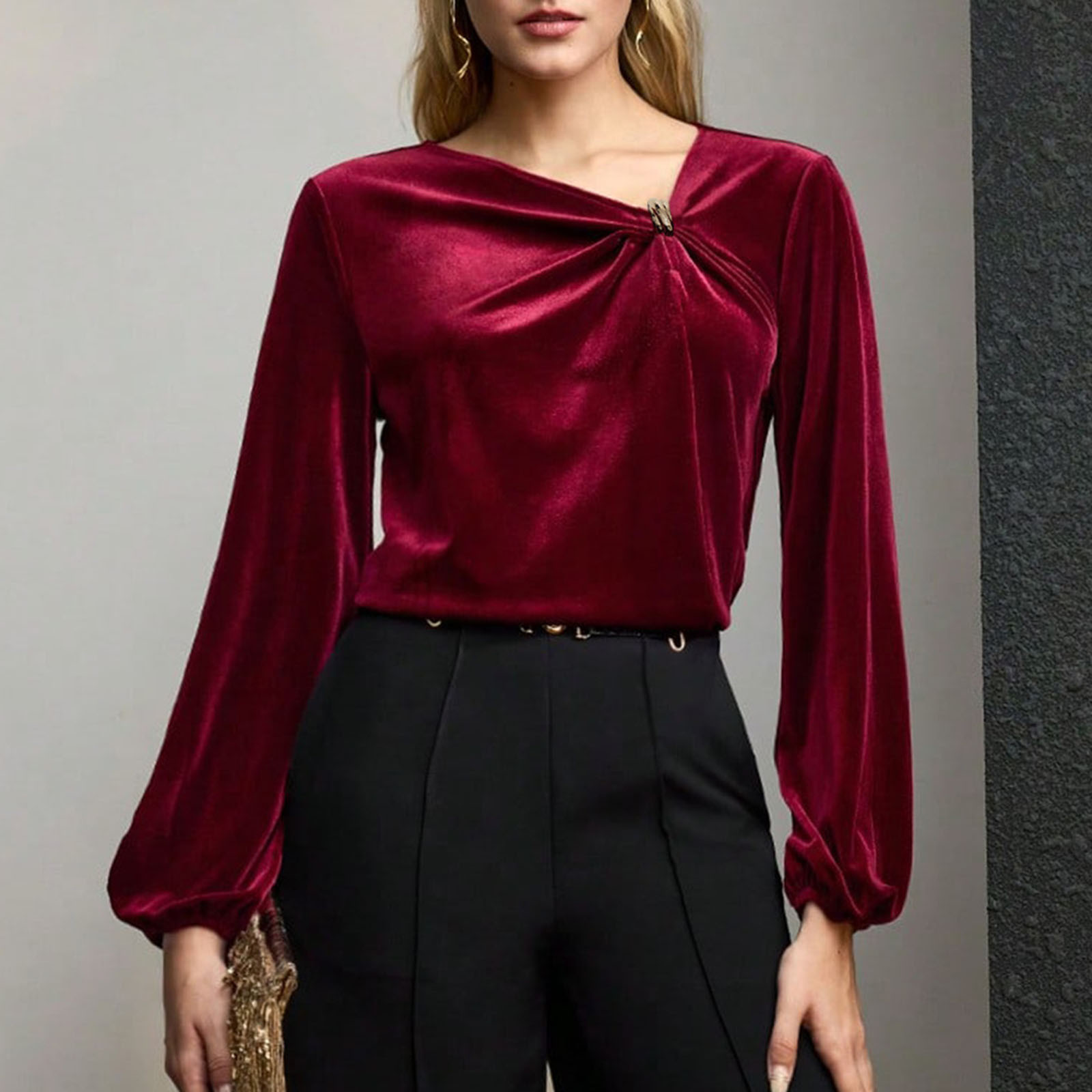 ELIZABETH AND JAMES Womens Red Long Sleeve Asymmetrical Neckline Top main image 1