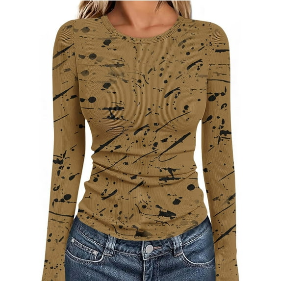 Bwndum Womens Ribbed Knit Top Khaki Long Sleeve, Slim Fit Crewneck Stretchy Casual Shirt with Abstract Splatter Print,Size S