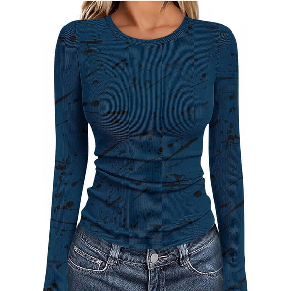 Bwndum Womens Ribbed Long Sleeve Top Blue, Slim Fit Crewneck Stretch Shirt with Abstract Tie-Dye Splatter Print for Casual Wear,Size L