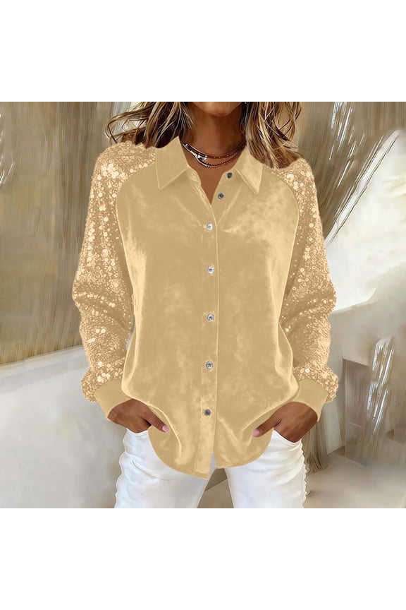 Womens Rose Gold Sparkly Sequin Sleeve Velvet Blouse, Button-Front Collared Relaxed Fit Top for Office Casual & Parties, 100% Polyester, S-XXL,Size 2XL