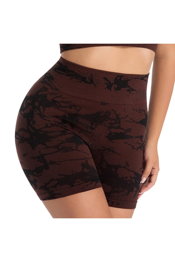 Womens Seamless Ribbed Compression Biker Shorts High Waisted Tummy Control Butt Lifting Tie Dye Yoga Shorts Coffee,Size M