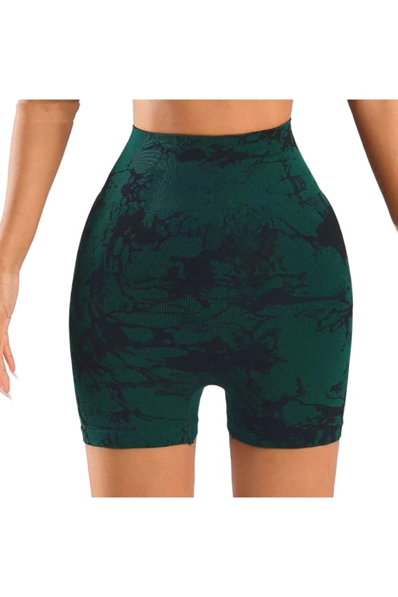 Womens Seamless Tie-Dye Biker Shorts High Waisted Ribbed Tummy Control Butt Lifting Yoga Shorts Army Green,Size M
