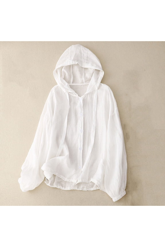 Womens Spring Jacket Lightweight Hooded Casual Windbreaker Snap Button Front & Puffy Sleeve Drawstring Hem with Pockets White,Size L
