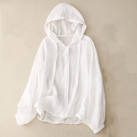 Bwndum Womens Spring Jacket Lightweight Hooded Casual Windbreaker Snap Button Front & Puffy Sleeve Drawstring Hem with Pockets White,Size M