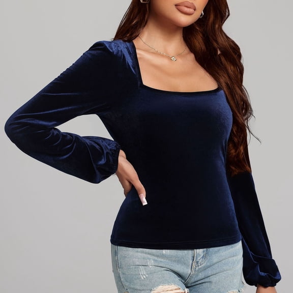 Bwndum Womens Velvet Top Long Sleeve Puff Sleeve Square Neck Stretchy Blouse Elegant Navy Blue Shirt for Casual Office Wear,Size S