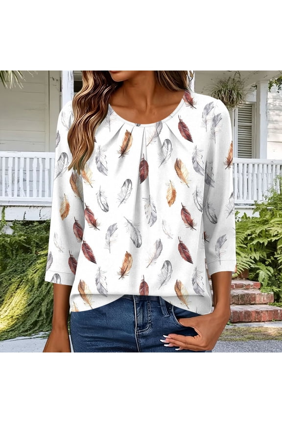 Womens White Feather Print 3/4 Sleeve Pullover Top, Casual Round Neck Blouse, Lightweight Breathable Easy Care,Size S