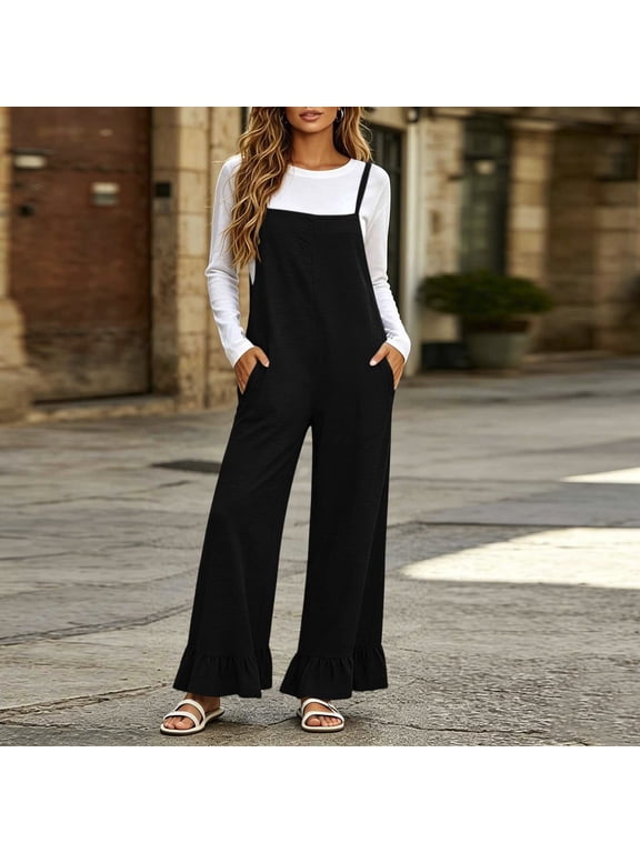 Womens Wide Leg Bib Overalls with Ruffle Hem Adjustable Straps Side Pockets Loose Fit Black,Size S