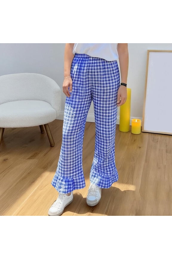 Womens Wide Leg Pants High Waisted Blue Gingham Elastic Waist Casual Comfort Ruffle Hem,Size L