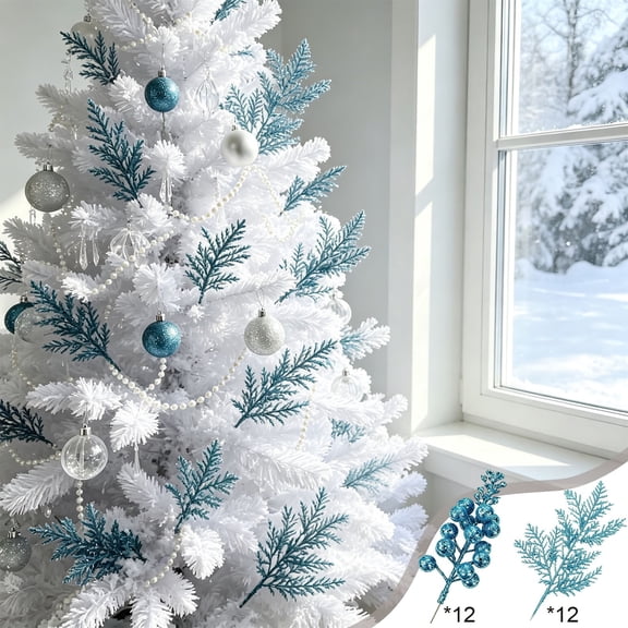 Bwomeauty Christmas Decor, Blue Glitter Artificial Sprigs And Berry Picks Set Plastic Christmas Floral Picks For Xmas Tree Wreath Garland Vase Holiday Decoration 24pc, Family Gifts