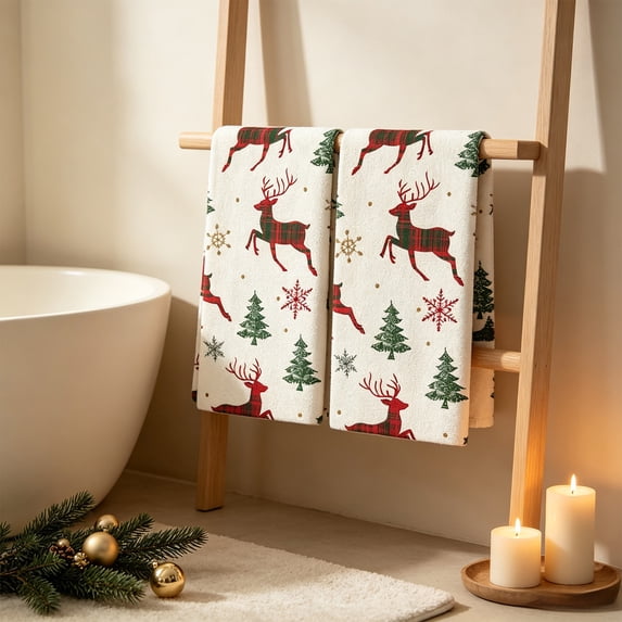 Bwomeauty Christmas Decor, Christmas Kitchen Towels Set Of 2 Winter Xmas Tree Reindeer Decorative Hand Towels Holiday Vintage Tea Towels For Kitchen Decor, Women Gifts