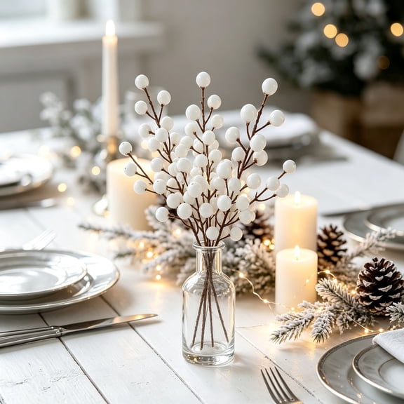 Bwomeauty Christmas Decorations, 27PC Christmas Artificial White Berry Branches Winter Floral Vase Decor Stems, Holiday Gifts