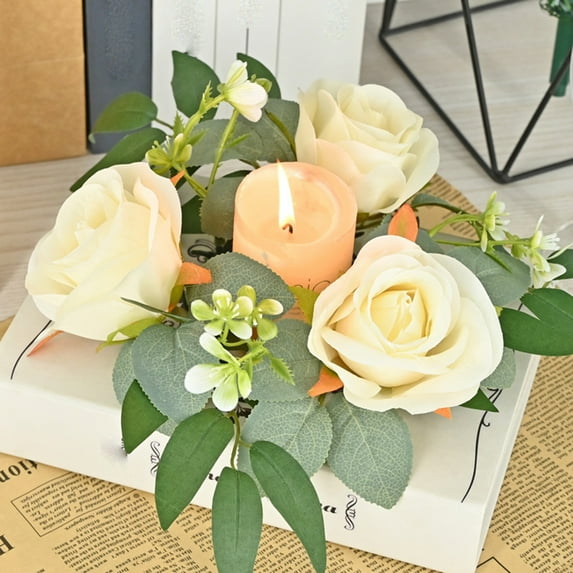Bwomeauty Wall Decor, Rose Candle Wreath Artificial Silk Flower Ring Leaf Candle Wreath Wedding Valentine Day Party Table Candlestick Decorations, Birthday Gifts