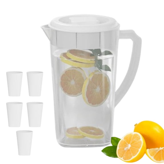 Bxaolu 1 Pack 0.79 Gallon Plastic Pitcher with Lid, Clear Ice Tea Pitcher for Fridge, Large Water Carafe Jug Beverage Pitcher with 5 Cups, Handle for Home, Party, White