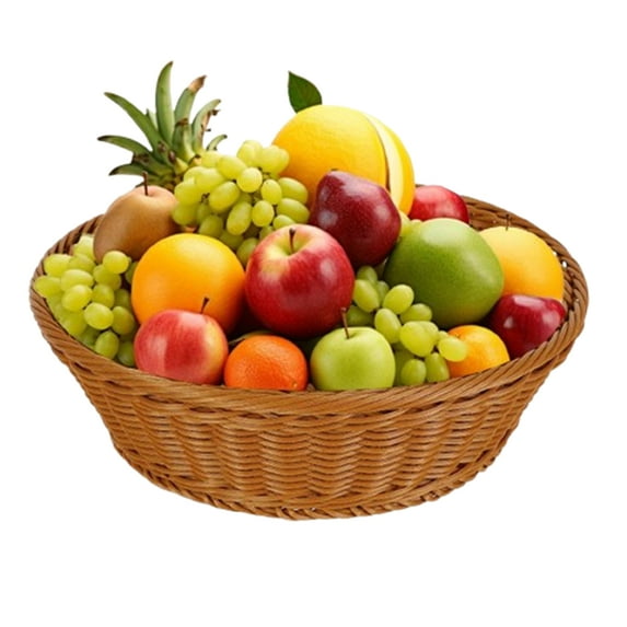 Bxaolu 1-Pack 13.8 Inch Round Wicker Bread Basket, Imitation Woven Plastic Fruit Basket Tabletop Food Vegetables Serving Basket for Home, Kitchen, Restaurant, Outdoor