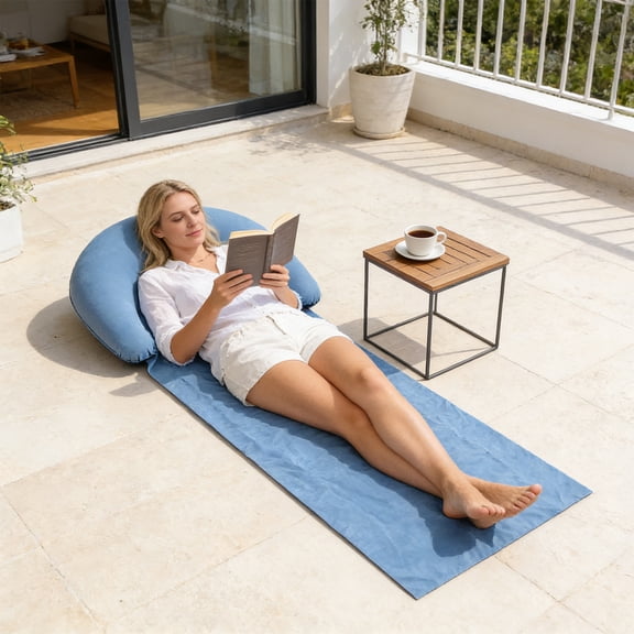 Bxaolu 1 Pack Beach Blanket with In-flatable Headrest, Lounger Portable Reclining Beach Mat for Relaxing and Sunbath,63 x 27.5 Inch, Light Blue