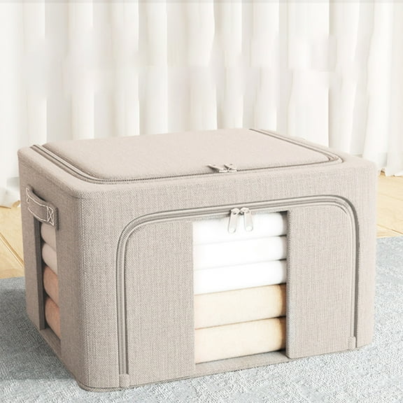 Bxaolu 1 Pack Clear Window Storage Bins - Foldable Fabric Storage Bins Boxes for Clothes - Stackable Box Organizer Set with Carrying Handles (Khaki, 24L)