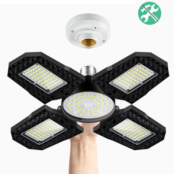 Bxaolu 1 Pack Garage Light, 100W LED Shop Lights, Garage Lights Ceiling Led with 4 Deformable Panels, Screw in E26/E27 Socket Bulb for Warehouse, Workshop, Basement, Barn Lighting