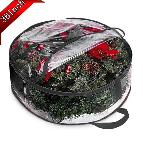 Bxaolu 1-Pack Wreath Storage Bag, 36" X 8" Clear Everyday Bag, Christmas Wreath Storage Container with Zippered and Reinforced Handle for Holiday Seasonal Wreath Garlands, Black