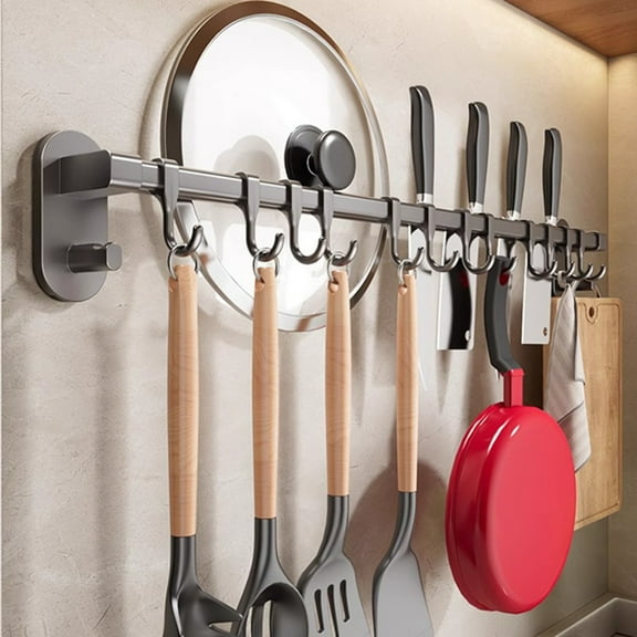 Bxaolu 11.8" Pot Bar Rack Wall Mounted Adhesive Pans Hanging Rail Kitchen Lids Utensils Hanger with 6 Hooks, Aluminum Alloy, 1Pack-Black