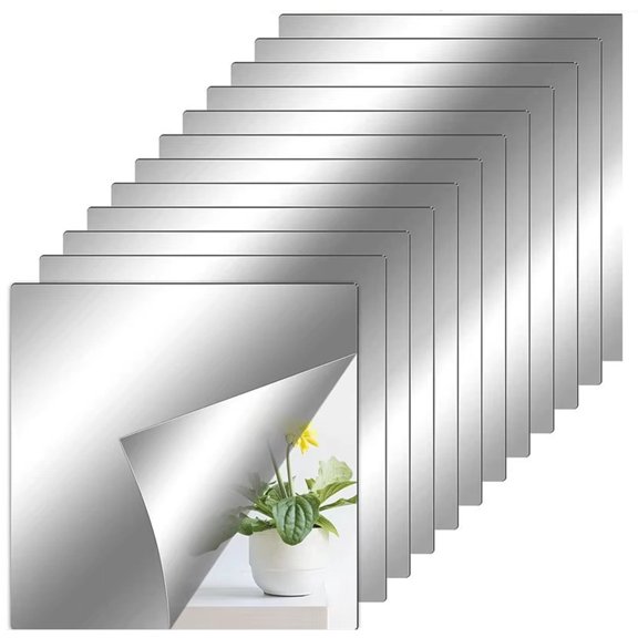 Bxaolu 12 Pcs Flexible Mirror Sheets Stickers, Non Glass Safety Reflective Mirror, 5.9" x 5.9" Self Adhesive Square Cuttable Mirror Wall Stickers for DIY Craft Home Wall Decoration
