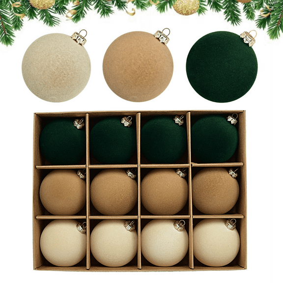 Bxaolu 12 Pcs Velvet Christmas Balls Flocked Christmas Tree Hanging Ornaments Plastic Hanging Balls Decorations for Xmas Tree Family Holiday Party Home Decor (2.36inch)