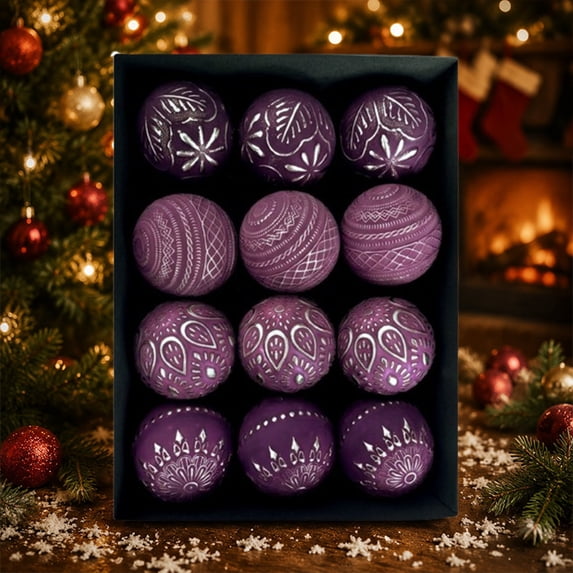 Bxaolu 12 Pcs Vintage Christmas Ball Ornaments 3.15" Xmas Tree Plastic Shatterproof Balls, Embossed Retro Ornaments for Xmas Tree Indoor Holiday Decorating
