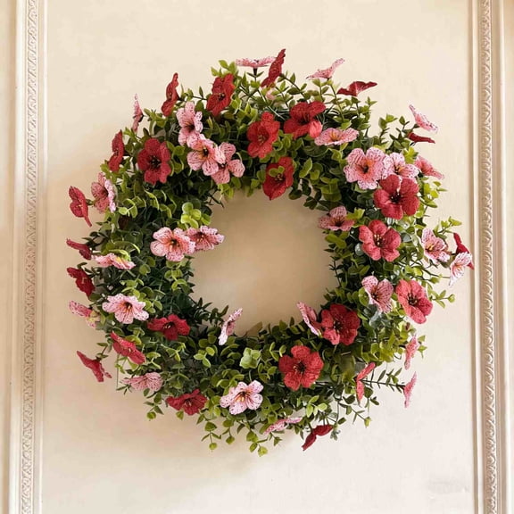 Bxaolu 12" Spring Summer Wreaths for Front Door, Artificial Flowers Violet Silk Floral Wreaths with Fake Plants Green Eucalyptus Leaves for Outdoors Farmhouse Wall Wedding Porch Home Decor, 1Pack