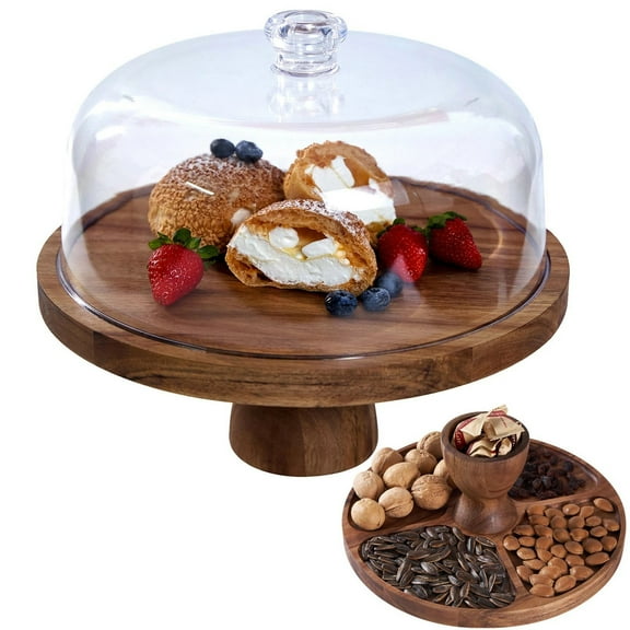 Bxaolu 12IN Wood Cake Stand with Dome Lid, Cake Stand with Acrylic Dome- Dessert&nbsp;Plate with Cover for Baking Gifts/Birthday Kitchen/Party/Weddings