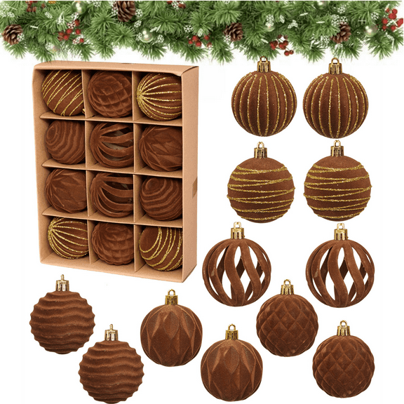Bxaolu Velvet Christmas Ornaments Set, 12PCS Flocked Shatterproof Hanging Xmas Tree Ball Decorations, Home Party Holiday Valentines Day Decor (Brown, 2.36")
