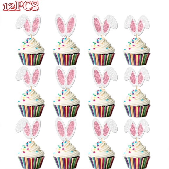 Bxaolu 12PCS Glitter Rabbit Ears Cupcake Picks, Easter Bunny Ear Cupcake Toppers for Easter Theme Cake Decorations Birthday Spring Party Supplies