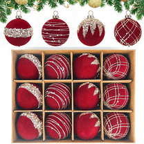 Bxaolu 12PCS Velvet Christmas Ornaments - Red Christmas Balls - 2.36inch Glitter Christmas Tree Hanging Decorations for Xmas Parties, Home Decoration(2.36", Red)