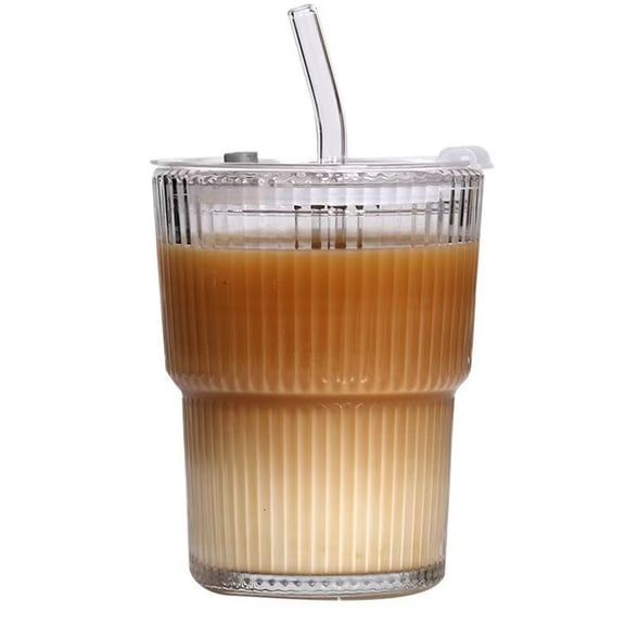 Bxaolu 13oz/400ML Glass Tumbler with Straw and Lid Ribbed Vertical Ice Coffee Cups Sealed Carry on for Coffee Iced Tea, Thick Wall Glassware Tumbler Water Glass (1Pack)