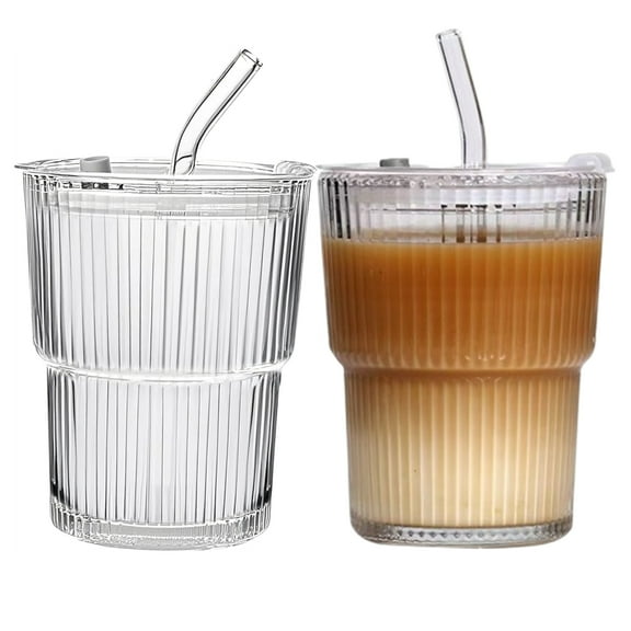 Bxaolu 13oz/400ML Glass Tumbler with Straw and Lid Ribbed Vertical Ice Coffee Cups Sealed Carry on for Coffee Iced Tea, Thick Wall Glassware Tumbler Water Glass (2Pack)