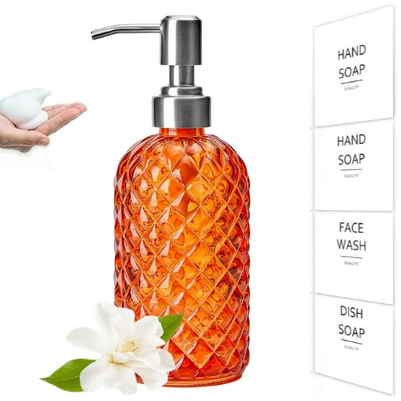 Bxaolu 15 Oz Rhombus Pattern Glass Soap Dispenser, Kitchen and Bathroom Refillable Soap Dispenser with Rust Resistant Pump for Hand Soap, Lotion Glass Liquid Dispenser (Orange, 1Pack)