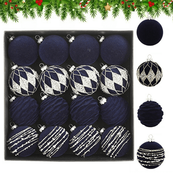 Bxaolu 16 PCS Velvet Ornaments Balls Sets for Christmas Tree 2.36 inch Flocked Christmas Balls Assortment for Xmas Tree Holiday Decor(Blue, 2.36")