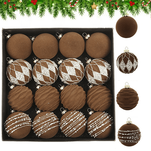 Bxaolu 16 PCS Velvet Ornaments Balls Sets for Christmas Tree 2.36 inch Flocked Christmas Balls Assortment for Xmas Tree Holiday Decor(Coffee, 2.36")
