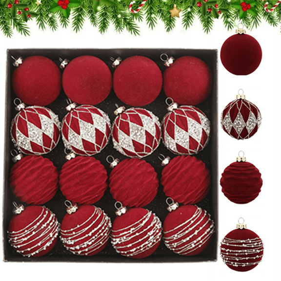 Bxaolu 16 PCS Velvet Ornaments Balls Sets for Christmas Tree 2.36 inch Flocked Christmas Balls Assortment for Xmas Tree Holiday Decor(Wine, 2.36")