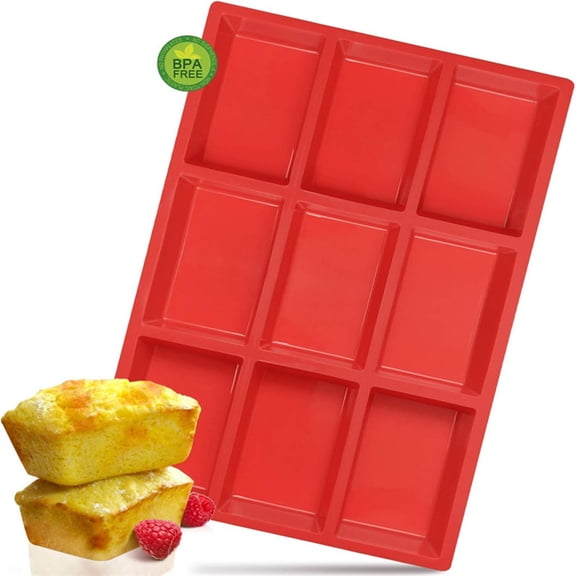 Bxaolu 1Pack 9 Cavity Medium Narrow Silicone Rectangle Molds, Protein Bars Mold, Energy Bars Maker for Caramel Bread Loaf Muffin Brownie Cornbread Cheesecake Pudding Soap Butter Mould, Red